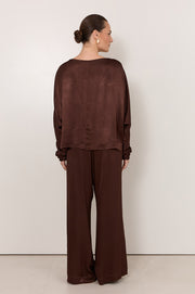 Meeka Satin Long Sleeve Top (Chocolate)