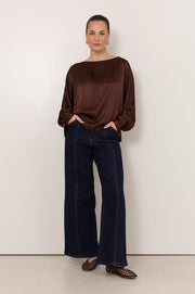 Meeka Satin Long Sleeve Top (Chocolate)