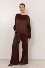 Meeka Satin Long Sleeve Top (Chocolate)
