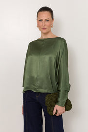 Meeka Satin Long Sleeve Top (Olive)