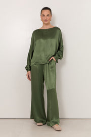 Meeka Satin Long Sleeve Top (Olive)