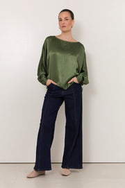 Meeka Satin Long Sleeve Top (Olive)