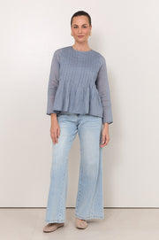 Camille Long Sleeve Pleated Top (Blue)