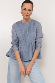 Camille Long Sleeve Pleated Top (Blue)