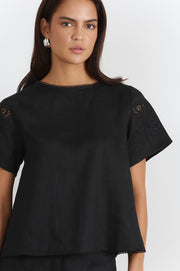 Lalia Embroidered Linen Top (Black)