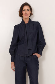 Melody Tie Neck Lightweight Denim Shirt (Denim)