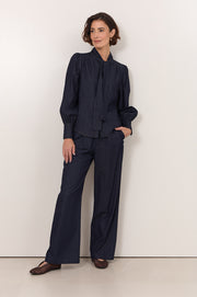 Melody Tie Neck Lightweight Denim Shirt (Denim)