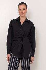 Mina Tie Waist Poplin Shirt (Black)