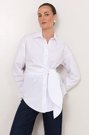 Mina Tie Waist Poplin Shirt (White)