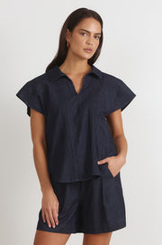 Maryn Pleated Lightweight Denim Top (Denim)