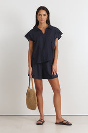Maryn Pleated Lightweight Denim Top (Denim)