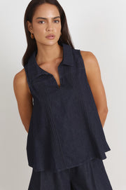 Tanner Pleated Lightweight Denim Top (Denim)