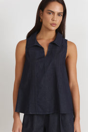 Tanner Pleated Lightweight Denim Top (Denim)