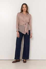 Mina Tie Waist Ramie Stripe Shirt (Stripe)