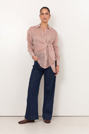 Mina Tie Waist Ramie Stripe Shirt (Stripe)