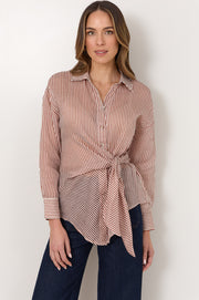 Mina Tie Waist Ramie Stripe Shirt (Stripe)