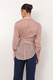 Mina Tie Waist Ramie Stripe Shirt (Stripe)