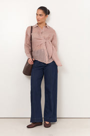 Mina Tie Waist Ramie Stripe Shirt (Stripe)