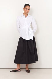 Mina Tie Waist Poplin Shirt (White)