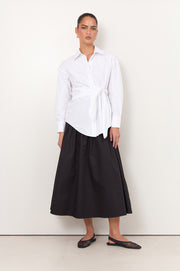 Mina Tie Waist Poplin Shirt (White)