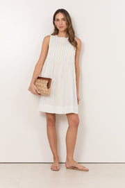 Aurelia Pleated Linen Short Dress (White)