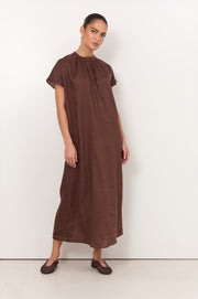 Alice Dolman Short Sleeve Linen Maxi Dress (Chocolate)