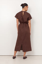Alice Dolman Short Sleeve Linen Maxi Dress (Chocolate)