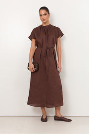 Alice Dolman Short Sleeve Linen Maxi Dress (Chocolate)