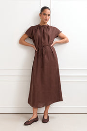 Alice Dolman Short Sleeve Linen Maxi Dress (Chocolate)