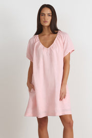 Rosemary V Neck Linen Dress (Pink)
