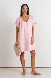 Rosemary V Neck Linen Dress (Pink)