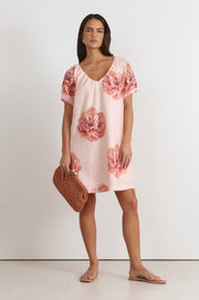 Rosemary V Neck Linen Dress (Piccadilly Print)