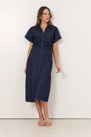 Devora Lightweight Denim Ruched Midi Dress (Denim)