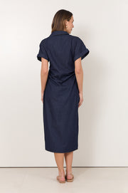 Devora Lightweight Denim Ruched Midi Dress (Denim)