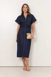 Devora Lightweight Denim Ruched Midi Dress (Denim)