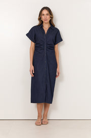 Devora Lightweight Denim Ruched Midi Dress (Denim)