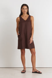 Simone V Neck Linen Short Dress (Chocolate)