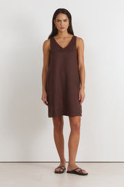Simone V Neck Linen Short Dress (Chocolate)