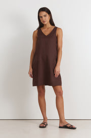 Simone V Neck Linen Short Dress (Chocolate)