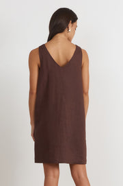 Simone V Neck Linen Short Dress (Chocolate)