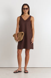 Simone V Neck Linen Short Dress (Chocolate)
