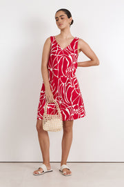 Simone V Neck Linen Short Dress (Java Print)
