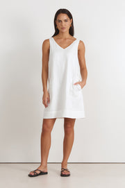 Simone V Neck Linen Short Dress (White)