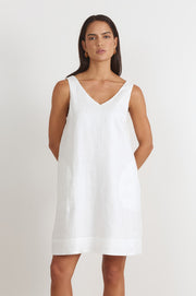 Simone V Neck Linen Short Dress (White)