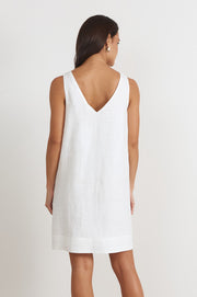 Simone V Neck Linen Short Dress (White)