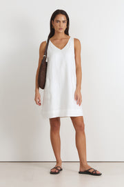 Simone V Neck Linen Short Dress (White)