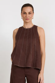 Jolie Contrast Stitch Linen Top (Chocolate)