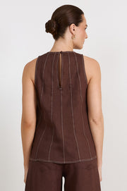 Jolie Contrast Stitch Linen Top (Chocolate)