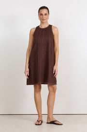 Jolie Contrast Stitch Linen Short Dress (Chocolate)