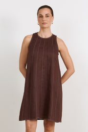 Jolie Contrast Stitch Linen Short Dress (Chocolate)